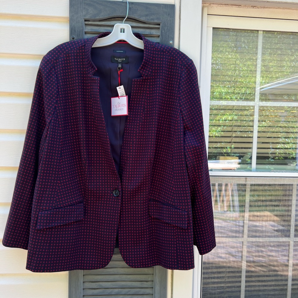 NWT Talbots Navy Red Houndstooth Lined Aberdeen Blazer